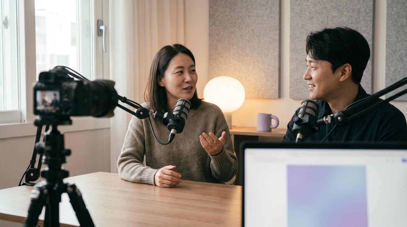 자기 스튜디오에서 팟캐스트를 녹음하는 두 진행자