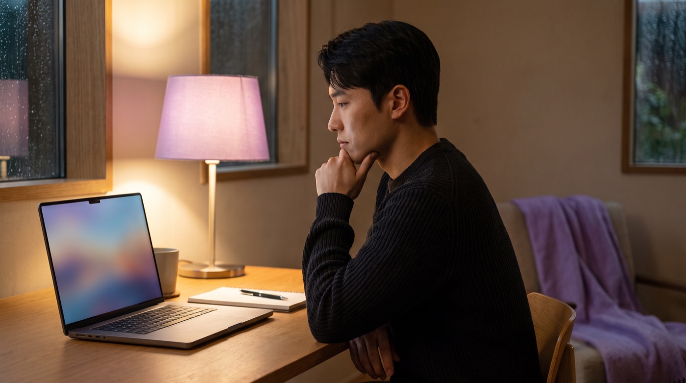 늦은 밤 노트북의 분석 화면을 들여다보는 크리에이터